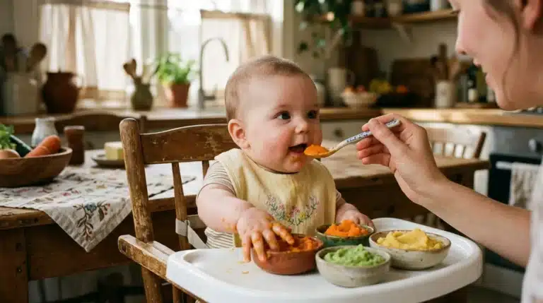 Un bébé mange des légumes variés à la cuillère en cuisine