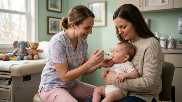 Pédiatre examinant un bébé en présence de sa mère