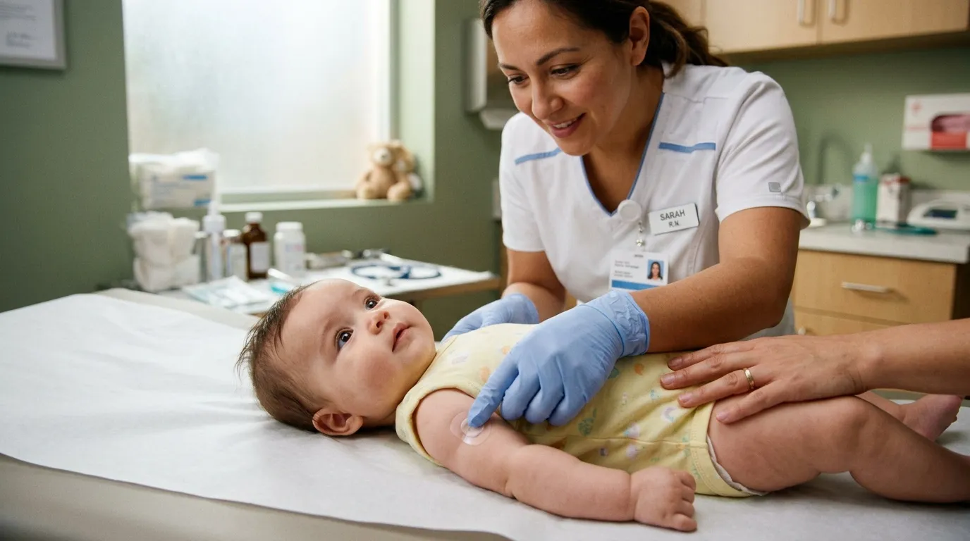 Infirmière examine bébé en consultation pédiatrique
