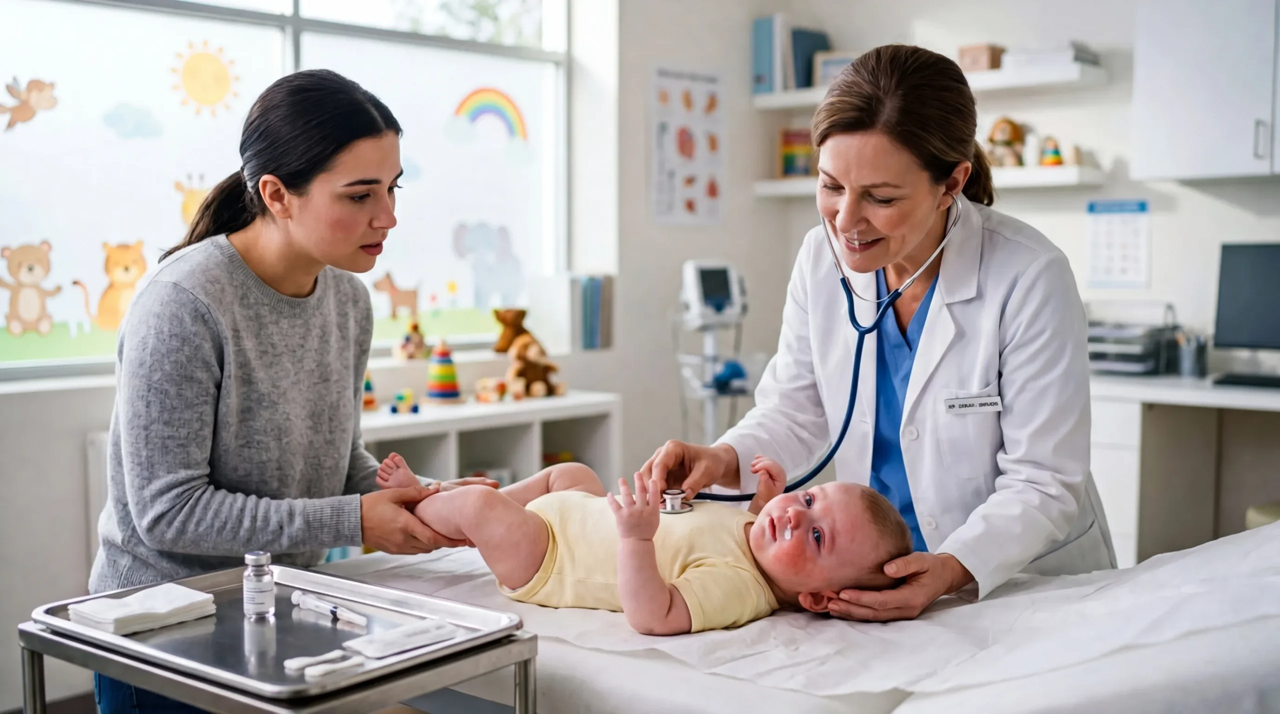 Pédiatre ausculte bébé pendant consultation avec mère