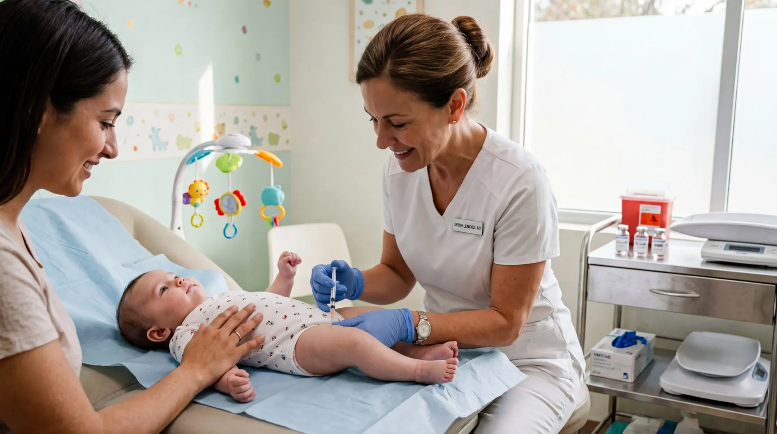 Infirmière examinant un bébé en présence de sa mère