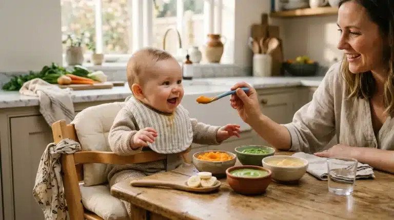 Femme donnant à manger à un bébé joyeux à table