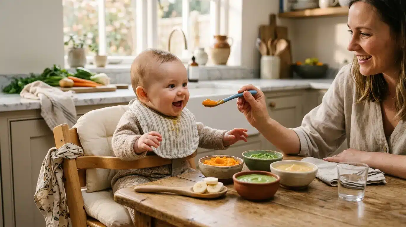 Femme donnant à manger à un bébé joyeux à table