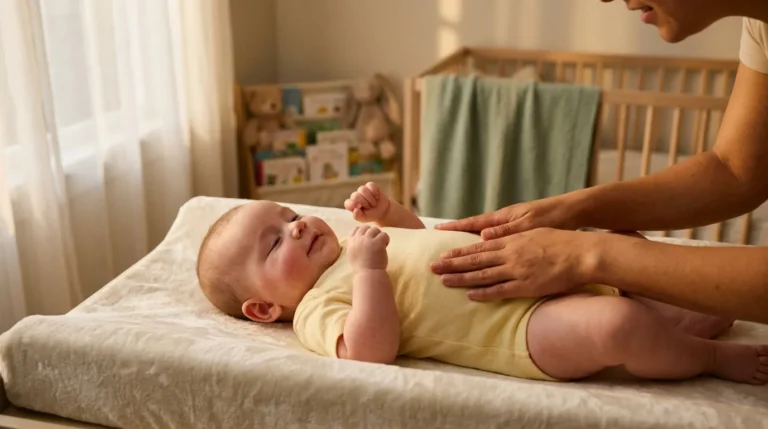 Mère massant délicatement son bébé en couche jaune