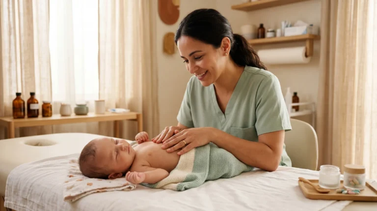 Professionnelle de santé massant doucement un nourrisson
