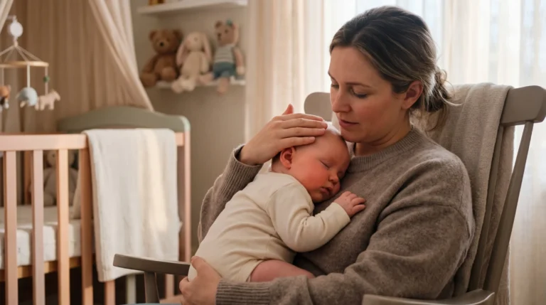 Mère tenant son bébé endormi dans une chaise confortable