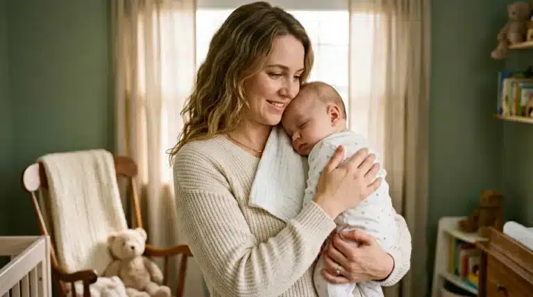 Une mère souriante tient son bébé endormi dans une chambre d'enfant.
