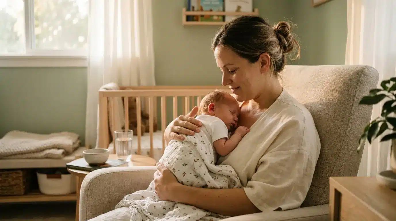 Mère tenant son bébé endormi dans une chaise confortable