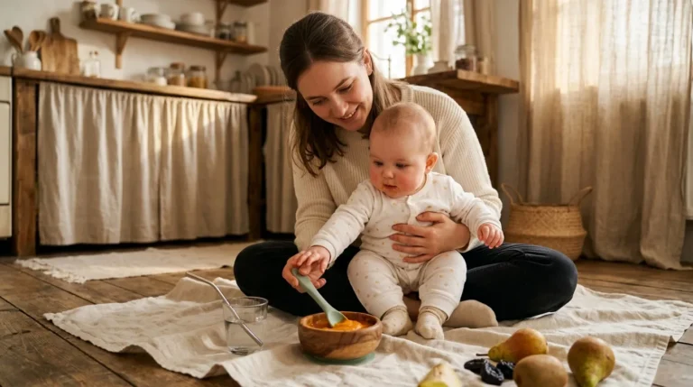 Une mère fait découvrir de la nourriture à son bébé assis sur un tapis.