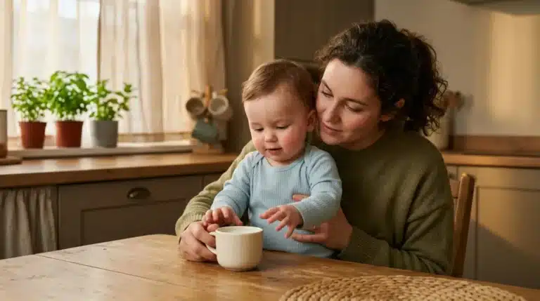Une mère aide son bébé à tenir une tasse blanche