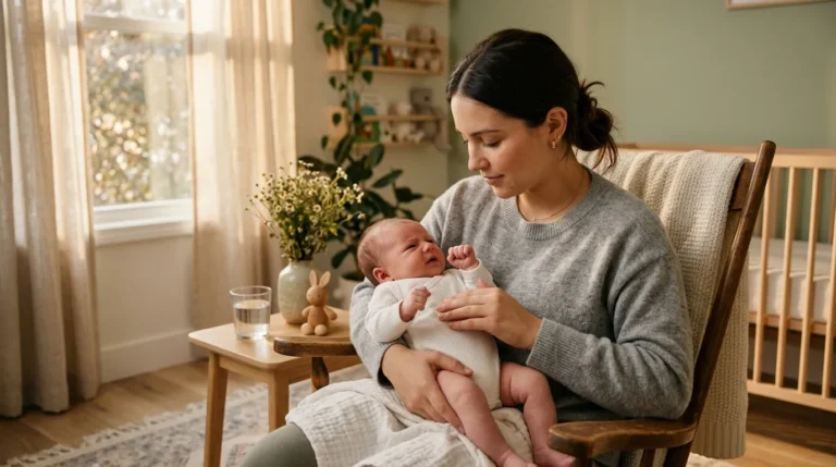 Mère tenant son bébé nouveau-né dans une chaise confortable