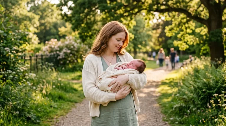 Femme tenant un bébé dans un jardin verdoyant