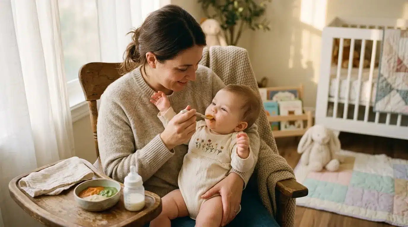 Une mère donne à manger à son bébé assis sur ses genoux