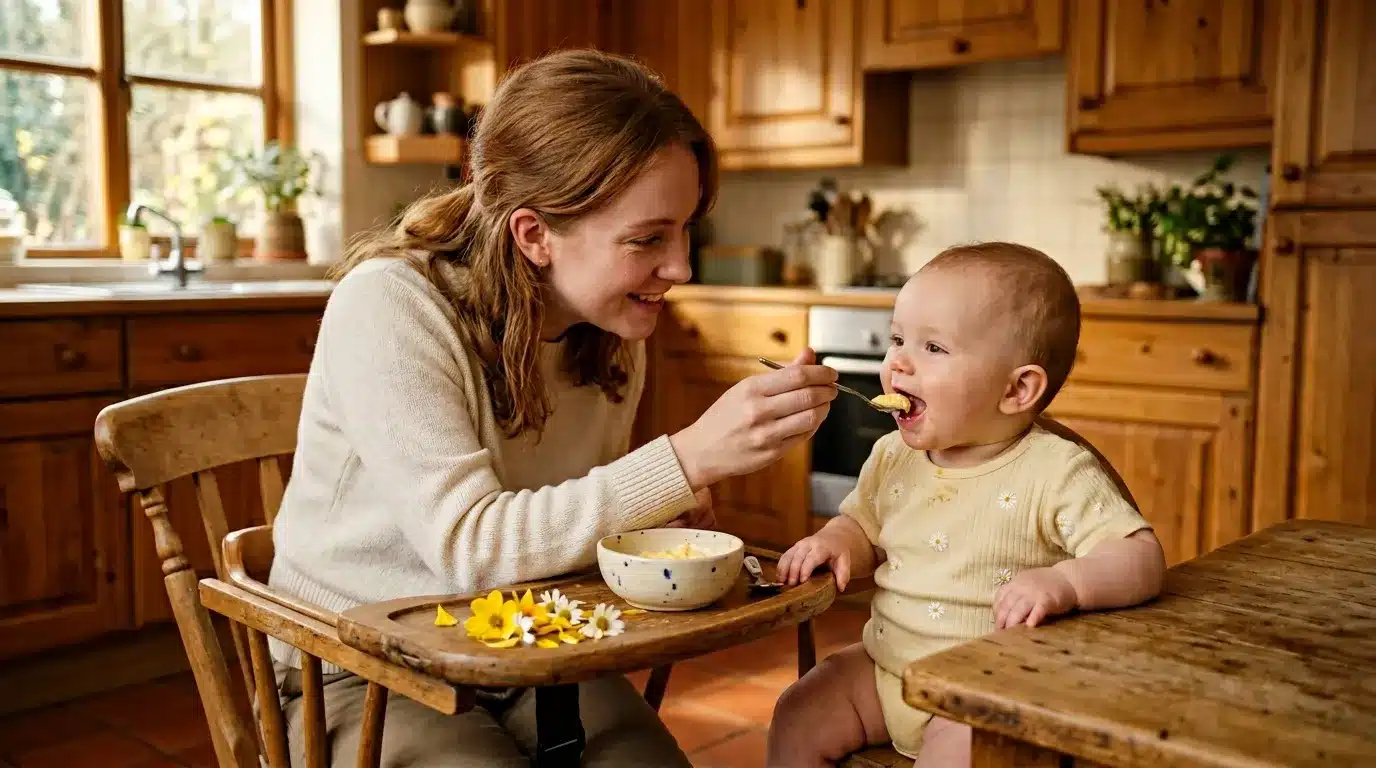 Femme donnant à manger à un bébé dans une cuisine chaleureuse