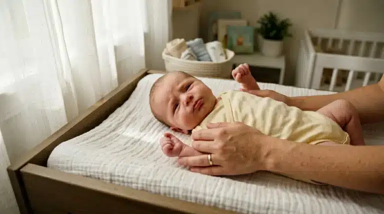 Parent tenant délicatement son bébé dans un berceau blanc