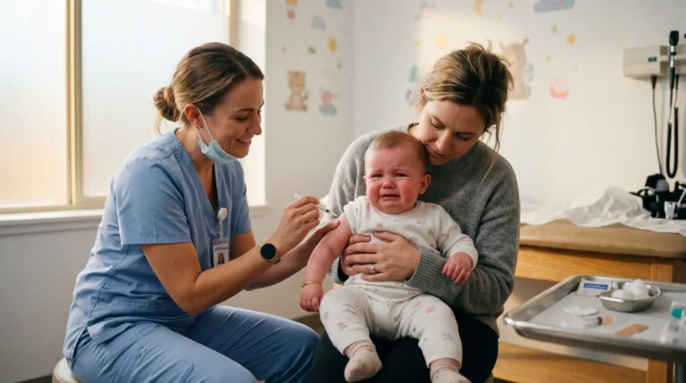 Infirmière examinant un bébé lors d'une consultation médicale