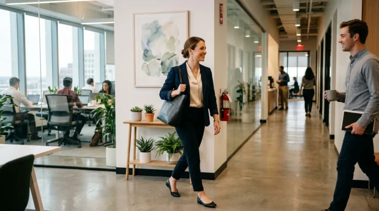 Femme d'affaires marche dans couloir moderne de bureau