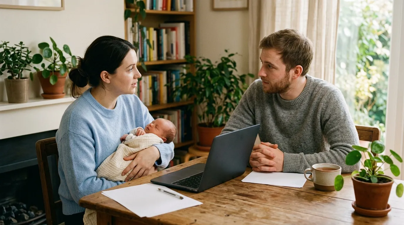 Couple avec nourrisson travaille sur ordinateur portable à domicile