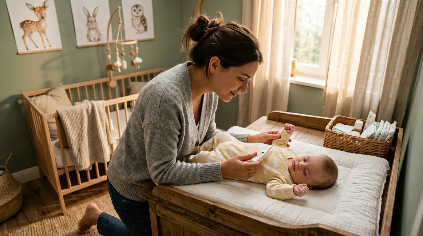 Femme change couche bébé sur table à langer nurserie