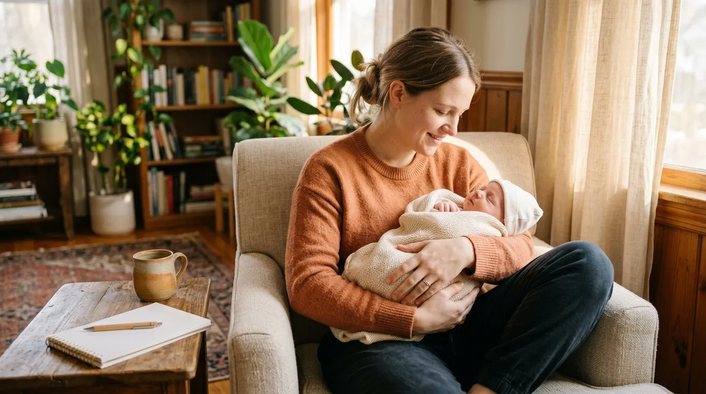 Femme souriante tenant son bébé enveloppé dans un salon