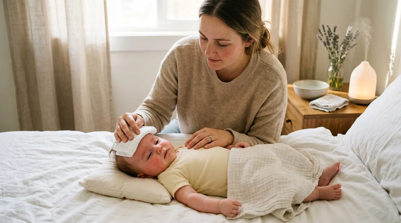 Mère appliquant un linge humide sur le front de son bébé endormi