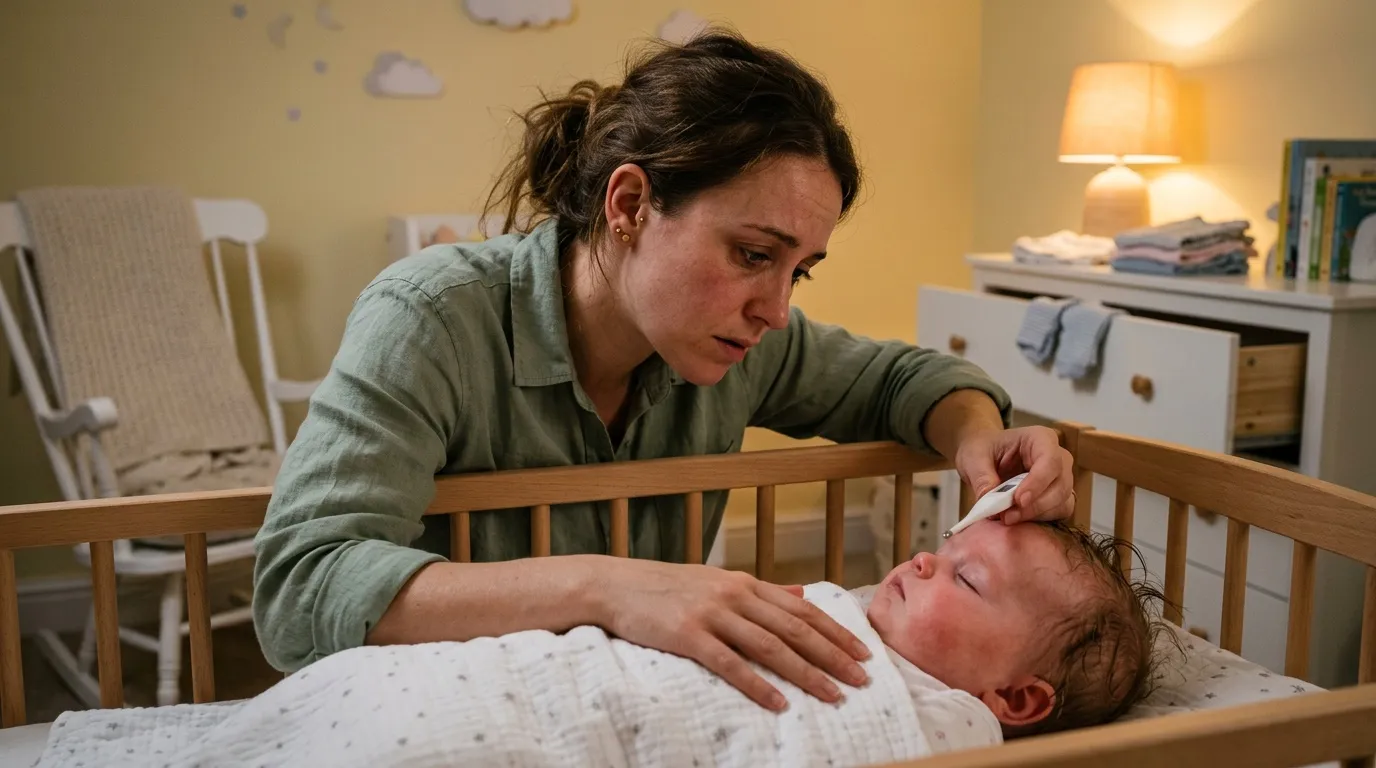 Une mère prend la température de son bébé endormi au lit