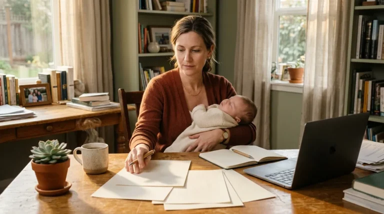 Femme travaillant à son bureau en tenant un nourrisson endormi