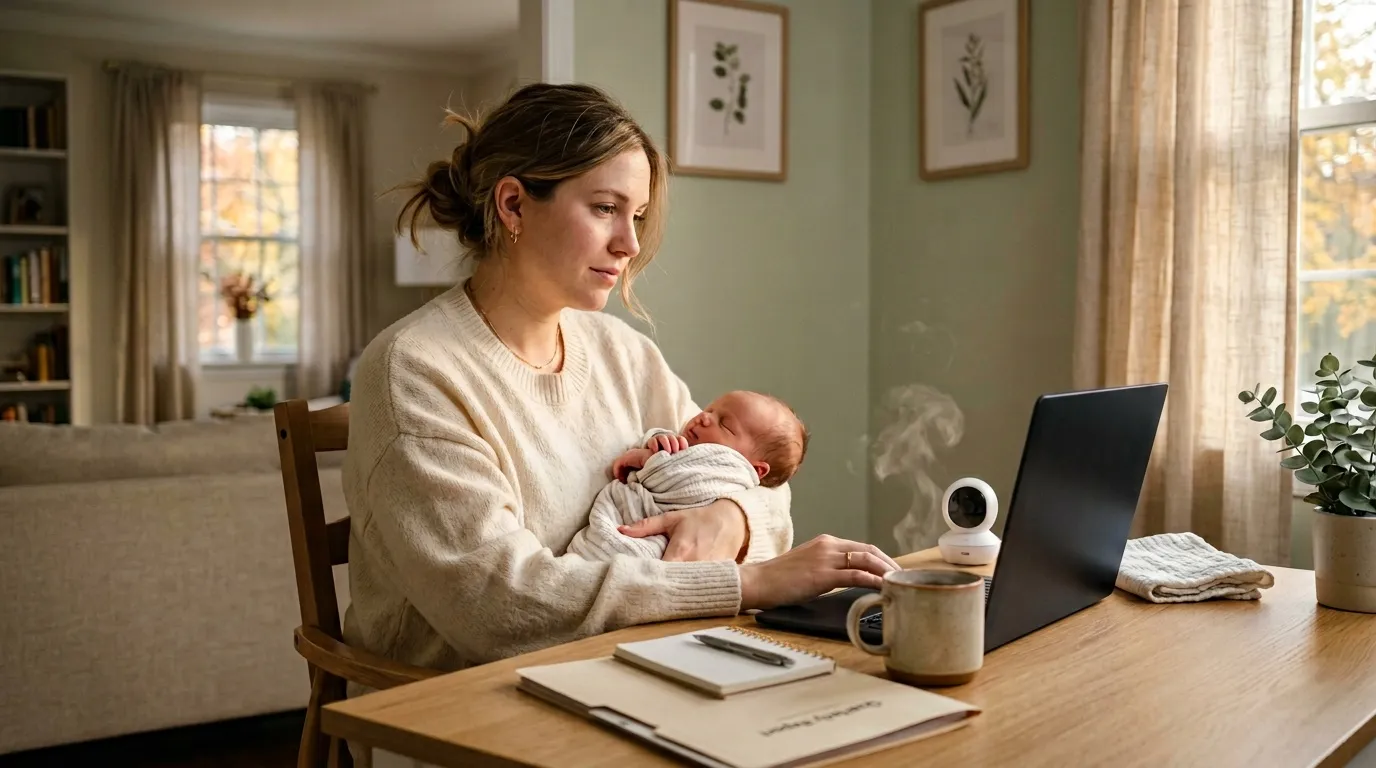 Femme tenant bébé devant ordinateur portable au bureau